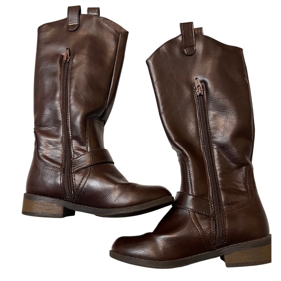 Kids‎ Brown Knee High Riding Boots with Buckle Detail and Zipper Closure - Picture 7 of 13